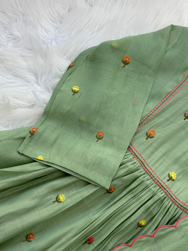 ✨ Glass Chanderi Anarkali Kurti Set – Top, Bottom & Dupatta ✨