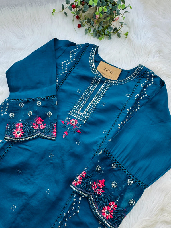 Pure Cotton Party Wear Kurti Set with Organza Embroidered Dupatta