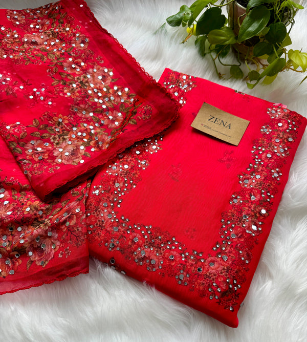 Unstitched Organza Digital Printed Suit with Original Mirror Work – Craft Your Style with Elegance