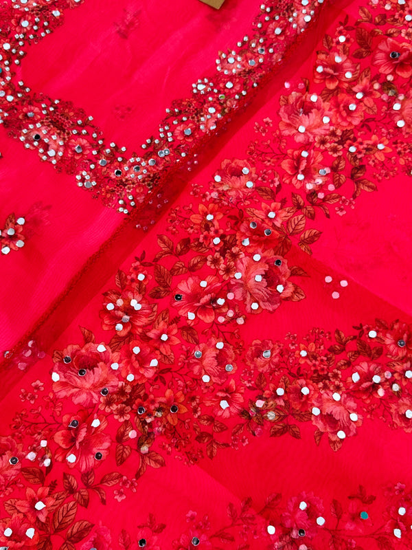 Unstitched Organza Digital Printed Suit with Original Mirror Work – Craft Your Style with Elegance