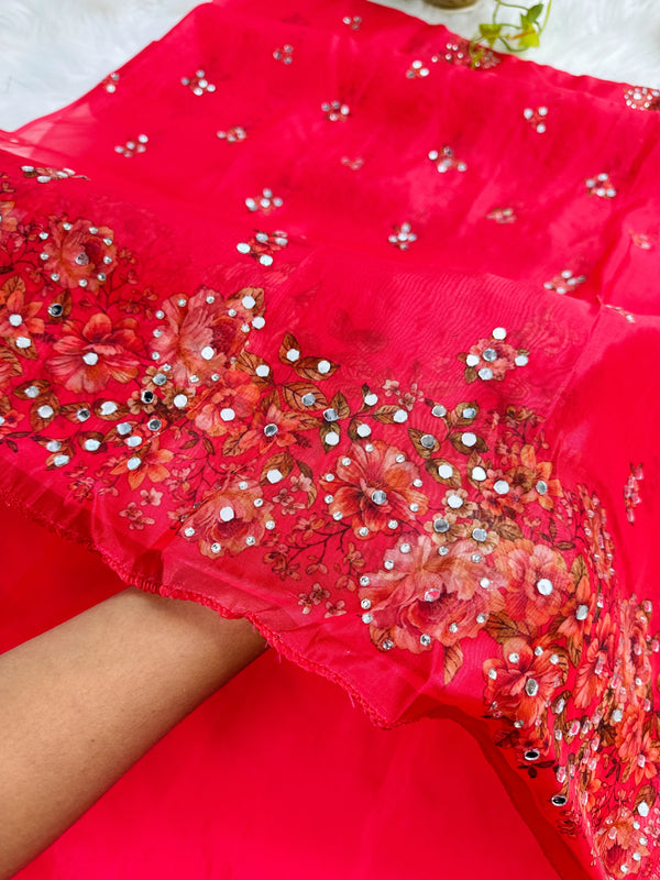 Unstitched Organza Digital Printed Suit with Original Mirror Work – Craft Your Style with Elegance
