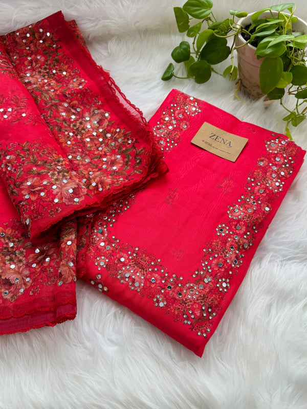 Unstitched Organza Digital Printed Suit with Original Mirror Work – Craft Your Style with Elegance