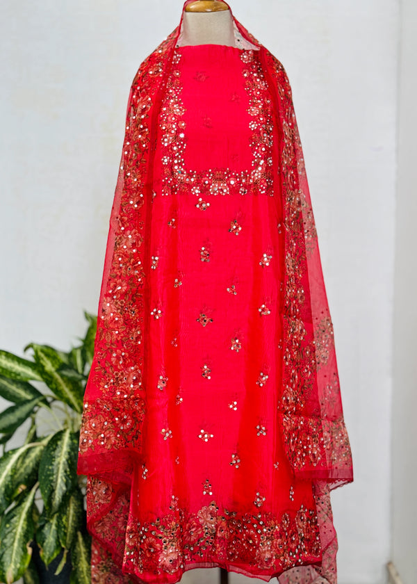 Unstitched Organza Digital Printed Suit with Original Mirror Work – Craft Your Style with Elegance